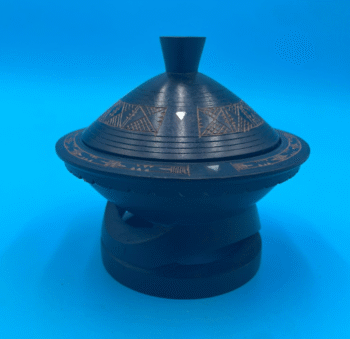 Black Wooden Lidded Bowl with Tribal Carvings